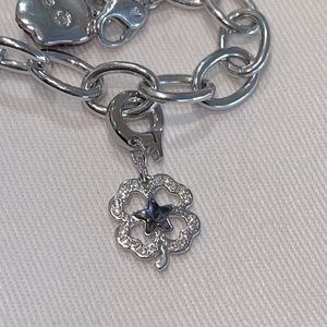 Swarovski Silver Four-Leaf Clover Charm Bracelet with Blue Crystal Accent